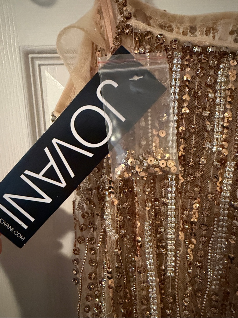 NWT, Jovani 26324A, SZ 0, Gold Beaded Sheer Cape Evening Gown - Picture 7 of 10